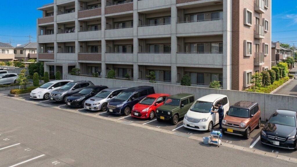 マンションの駐車場で、区画に停めたままの車をスタッフが水なし洗車している様子